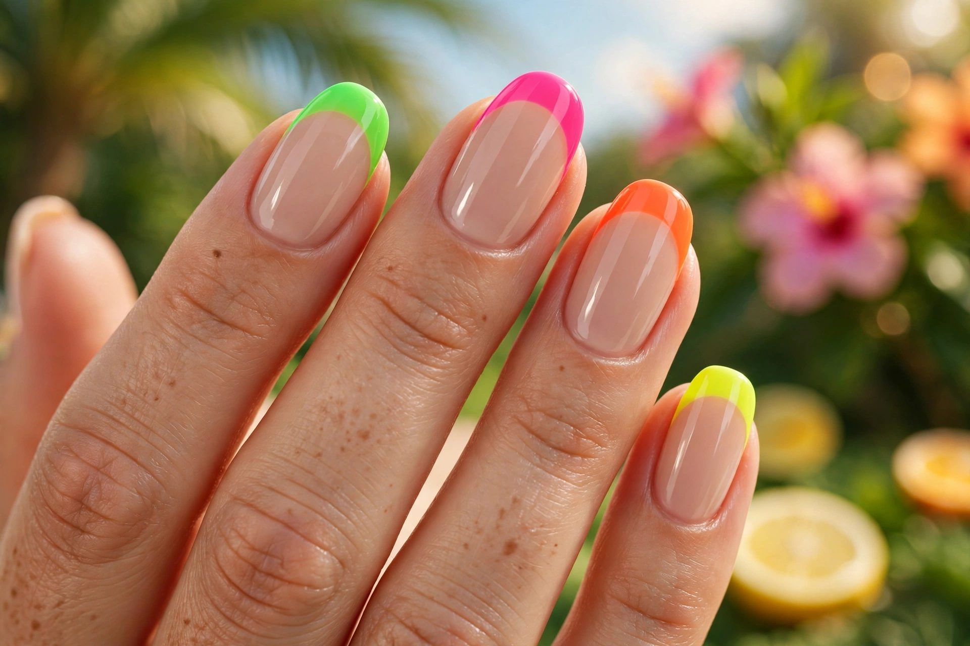 Summer nail designs with colorful neon French tips.
