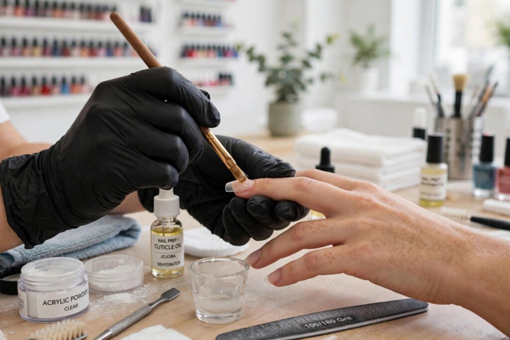 Nail technician applying acrylic nails in a salon
