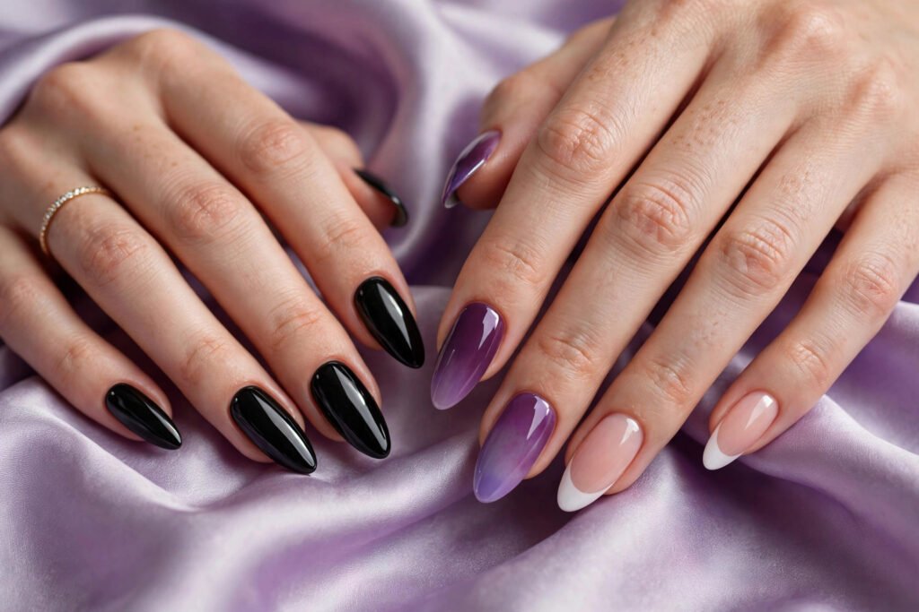 Acrylic nail designs — black, purple ombre and french tips