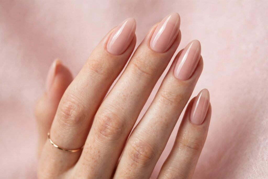 Almond shaped nails with nude pink polish
