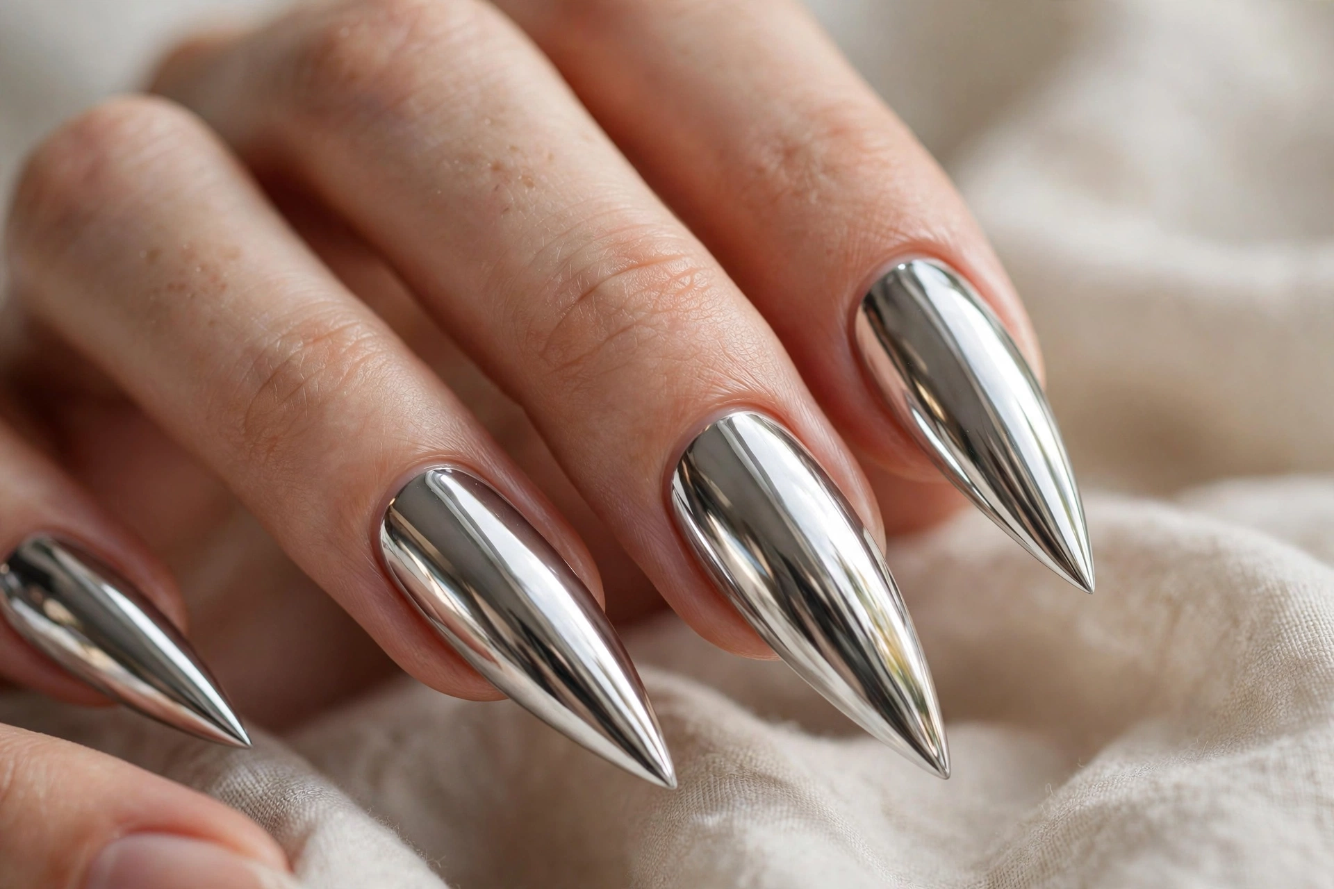 Silver chrome stiletto nails with a reflective metallic finish.