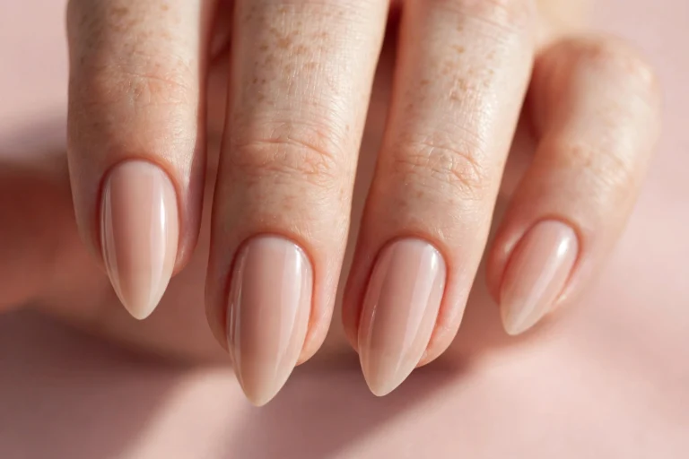 Short nude stiletto nails with glossy finish and sharp pointed tips