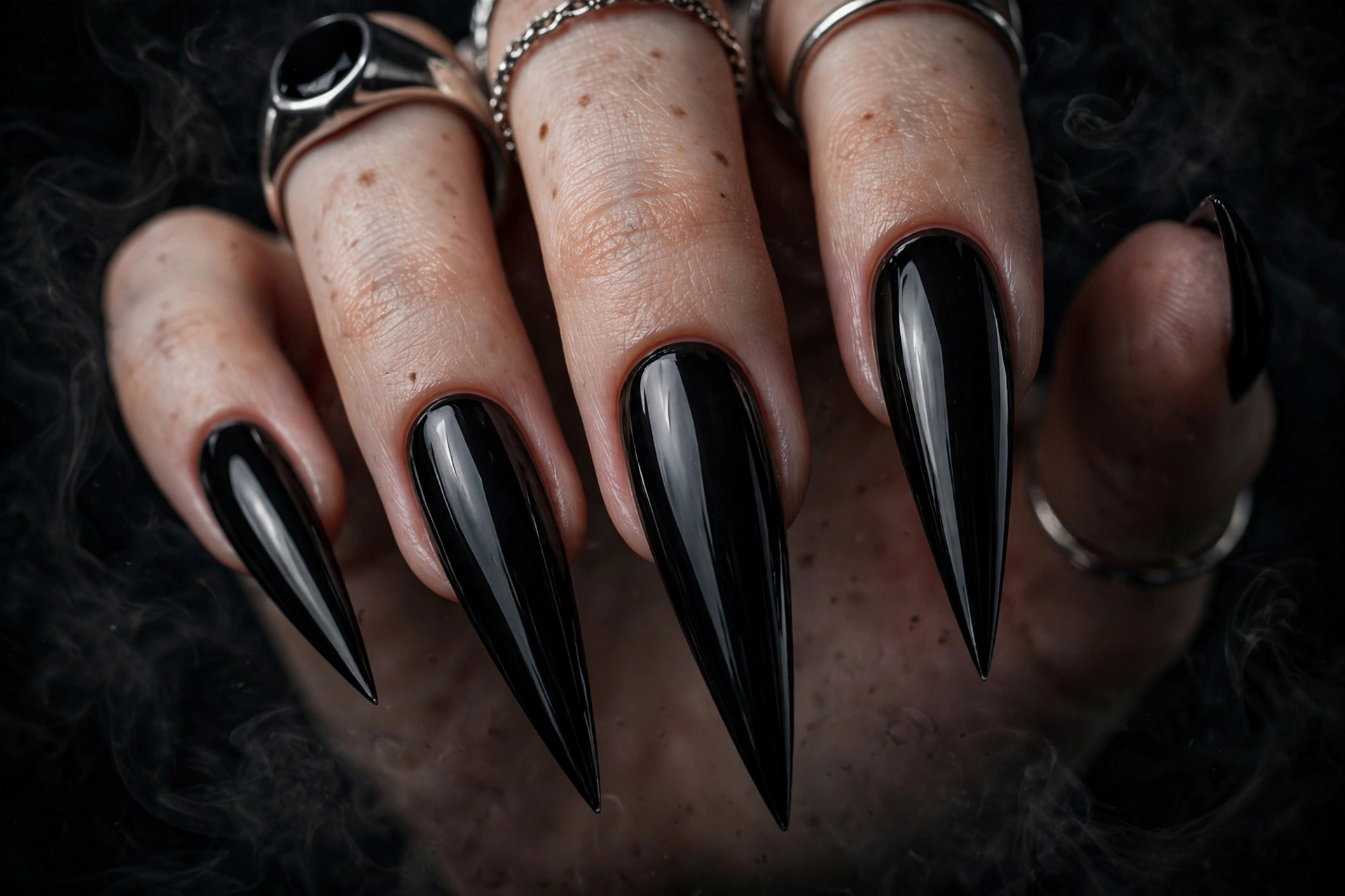 Long black stiletto acrylic nails with sharply tapered tips.