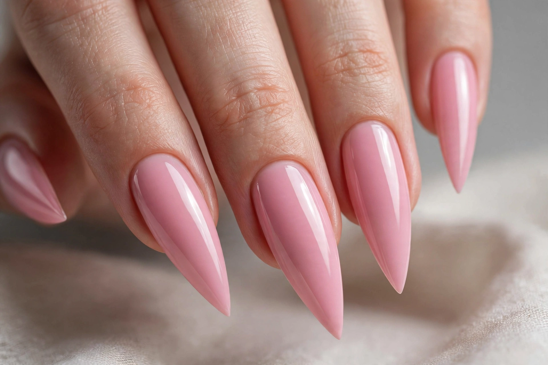 Medium-length pink stiletto nails with a glossy finish.