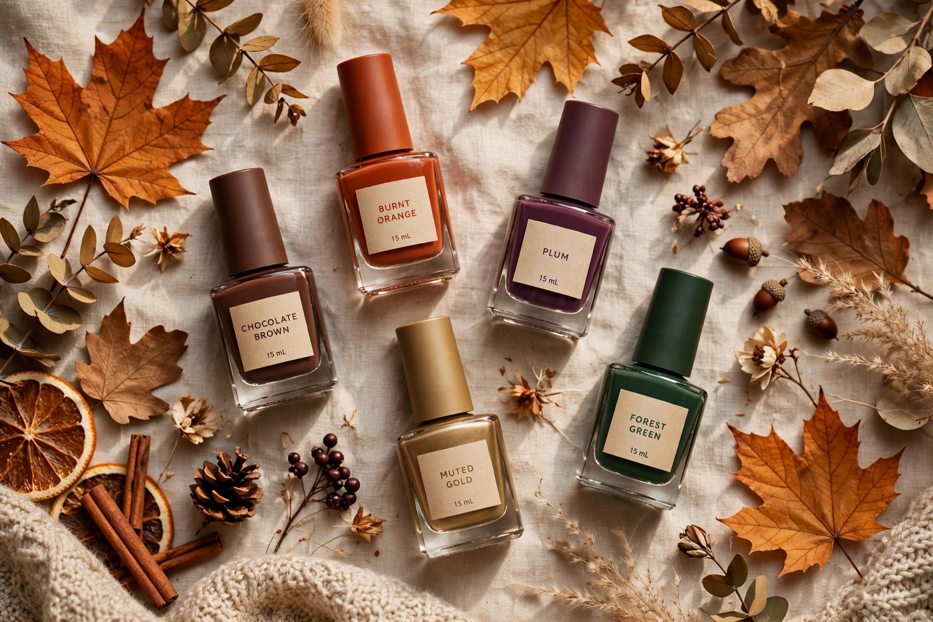 Fall nail polish colors in chocolate brown, burnt orange, plum and gold with autumn leaves
