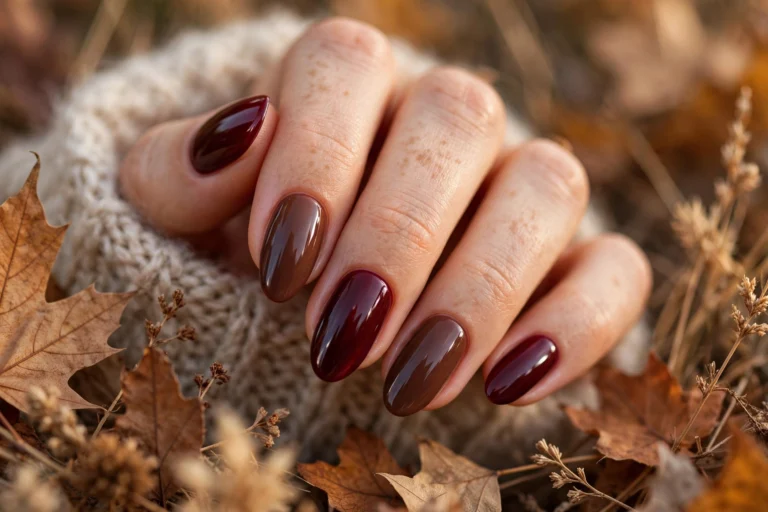 Deep burgundy and chocolate brown fall nails with glossy finish