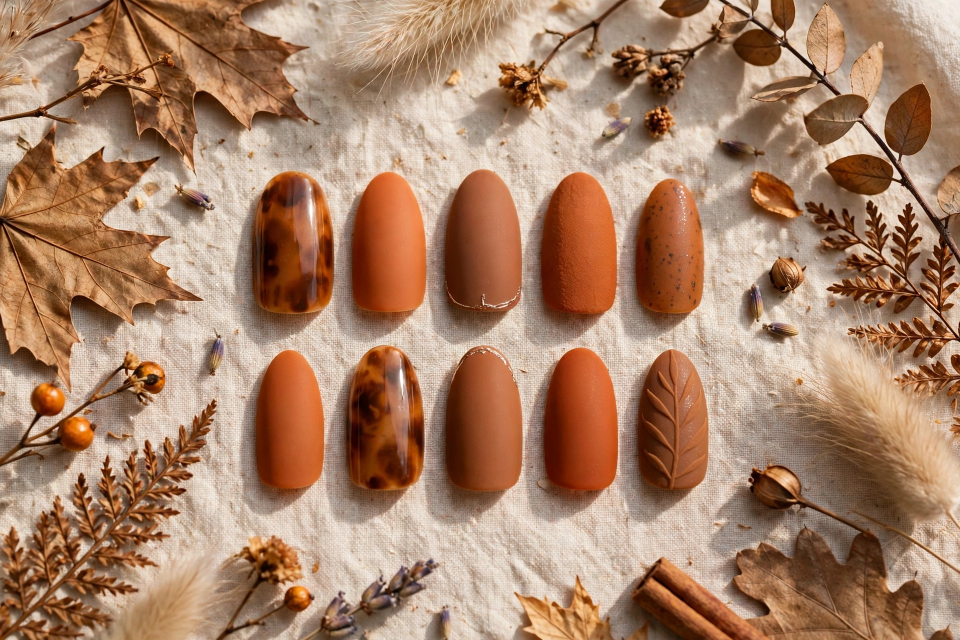 Short almond fall press-on nails in brown and burnt orange