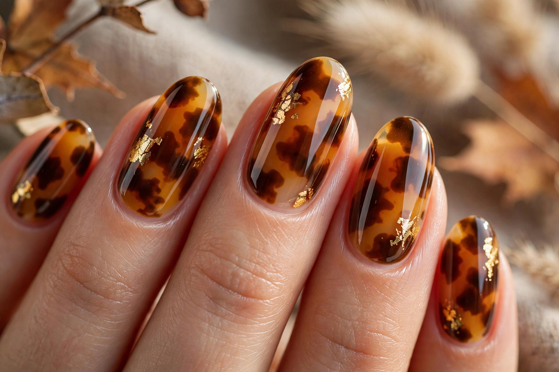 Tortoiseshell fall nail art with gold leaf accents