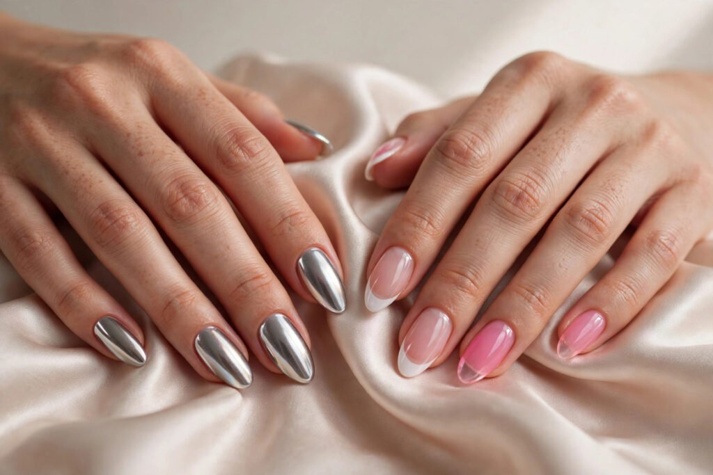 Trendy 2026 gel nail designs including glazed chrome and french tips