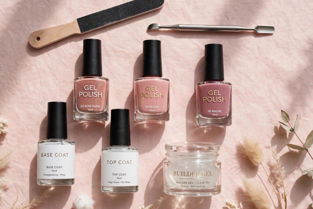 Gel nail polish bottles, builder gel and manicure tools flat lay