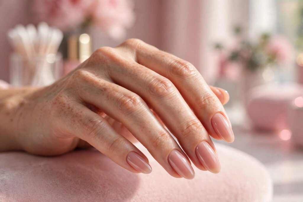 Close-up of glossy nude-pink gel manicure nails