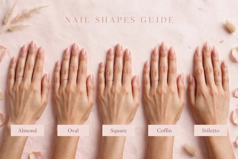 Flat-lay of different nail shapes including almond, oval, square, coffin and stiletto with nail polish bottles