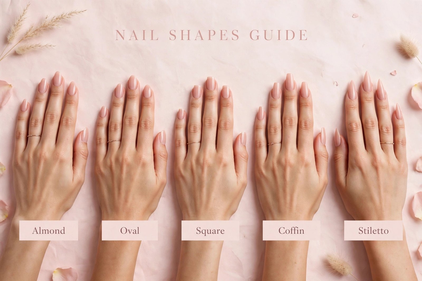 Flat-lay of different nail shapes including almond, oval, square, coffin and stiletto with nail polish bottles