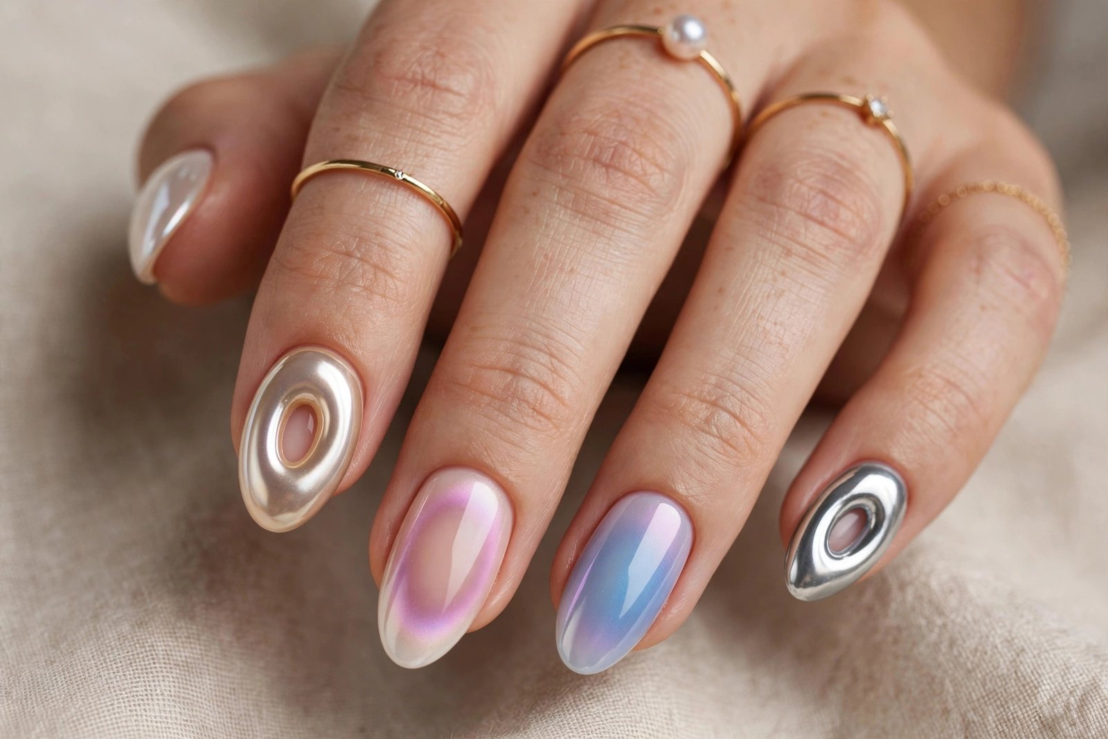 Close-up of a hand with glossy decorated gel manicure nails