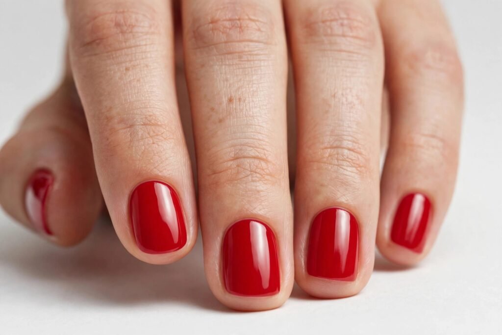 Short round nails with glossy red polish