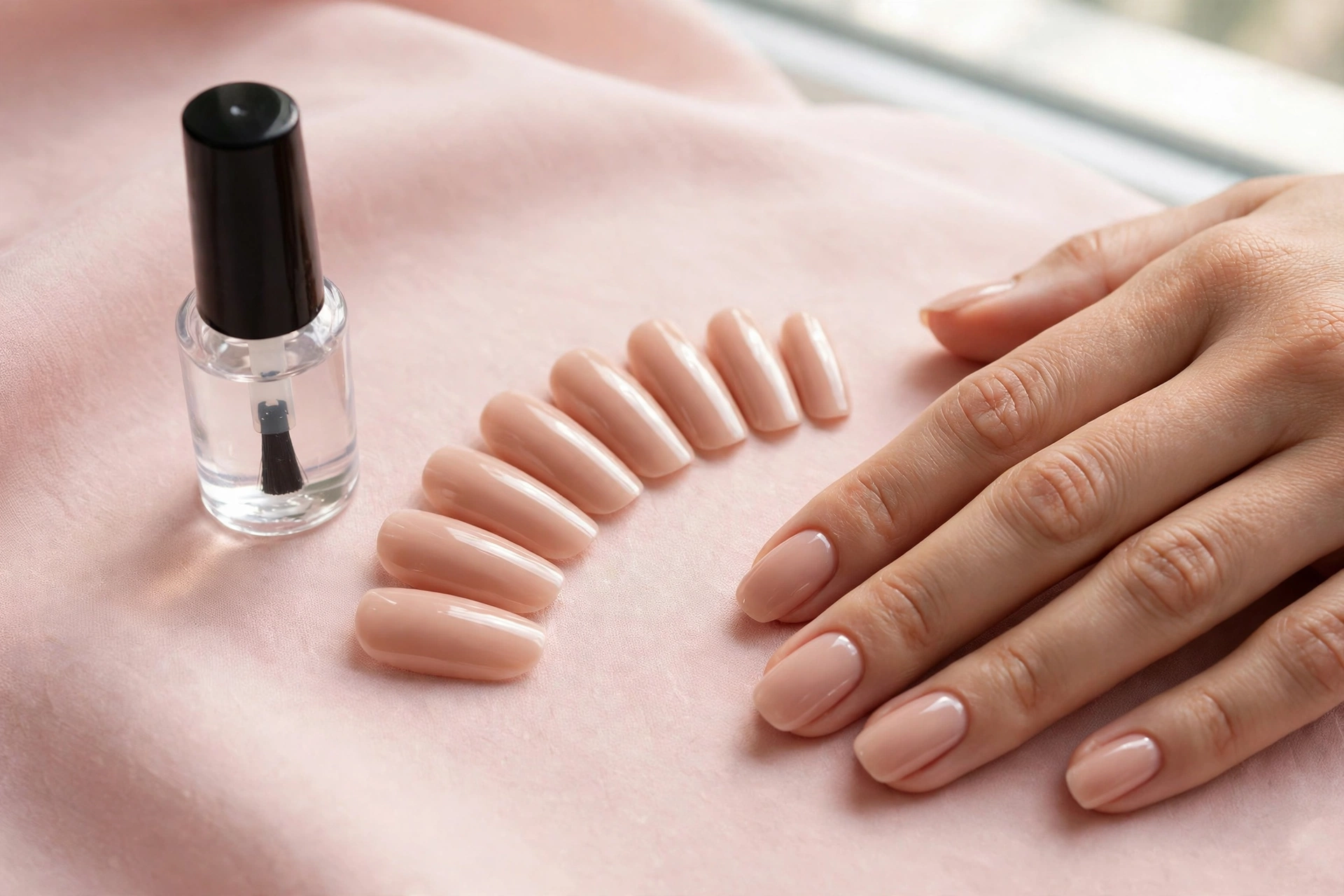 Brush-on nail glue bottle with nude press-on nails on a blush-pink surface