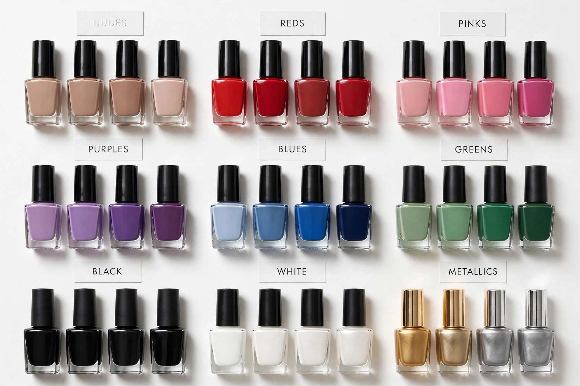 Nail polish bottles arranged by color family