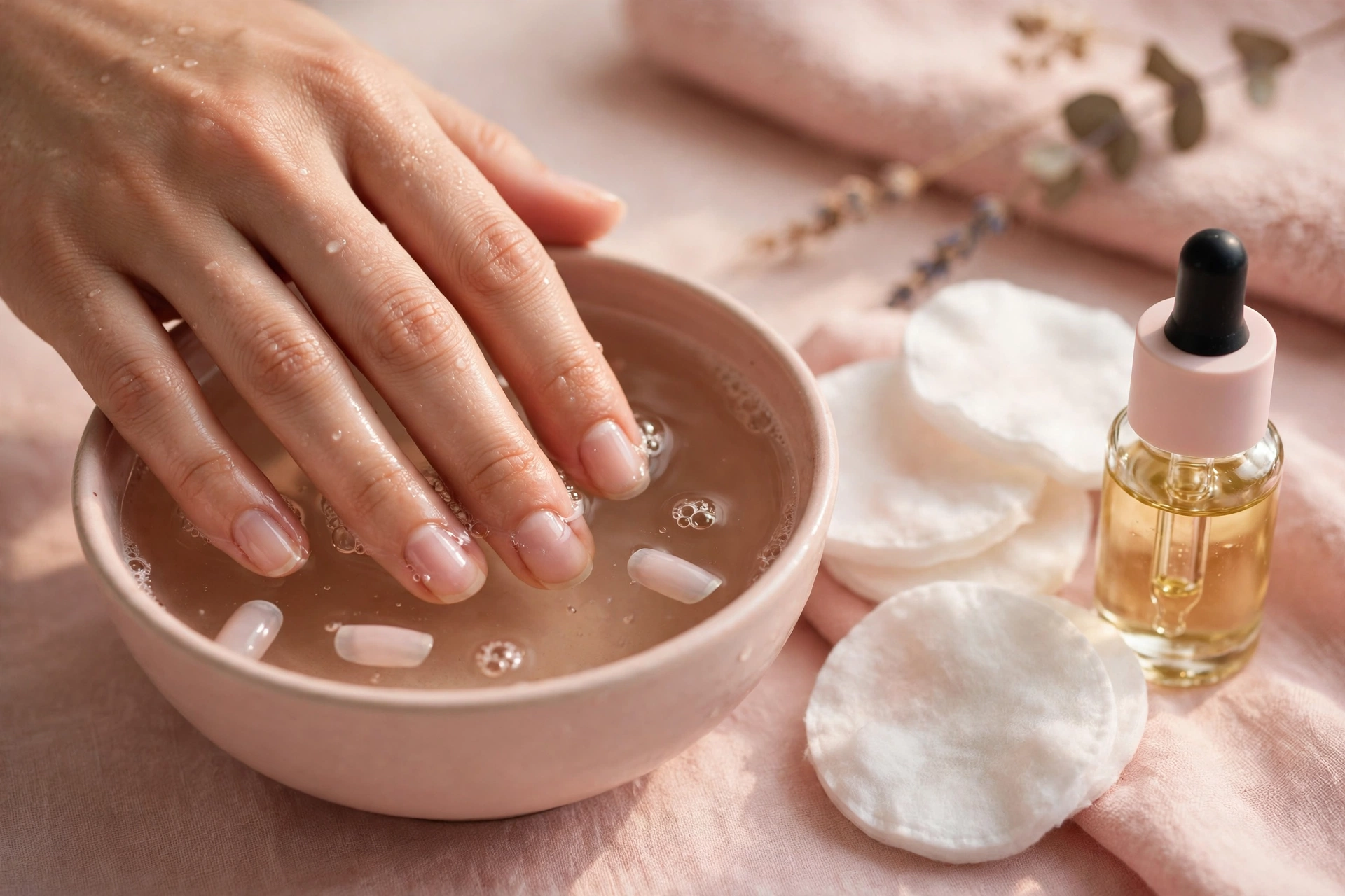 Soaking fingertips in warm water to remove press-on nails safely