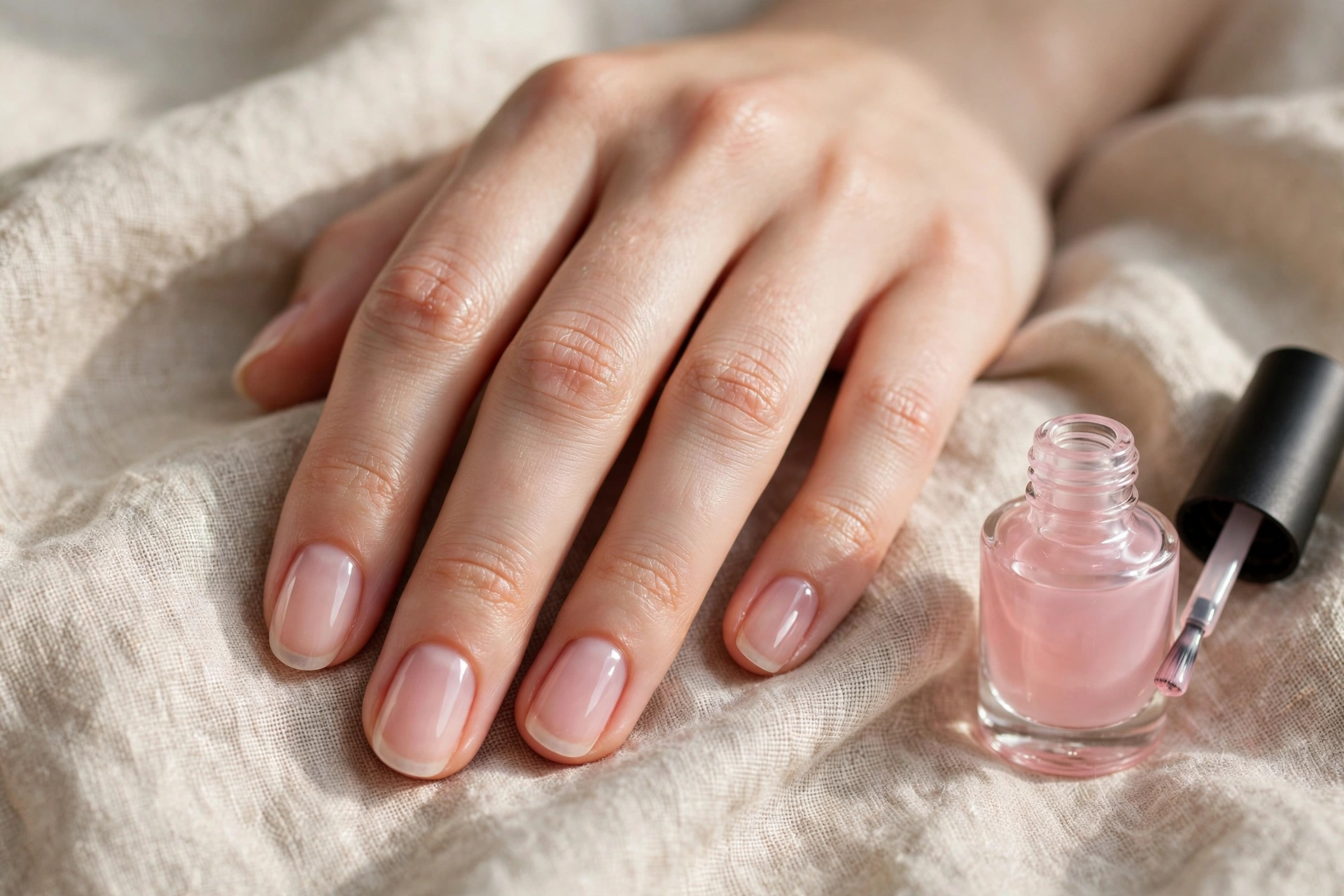 Natural-looking sheer pink gel nails with a bottle of clear pink gel polish