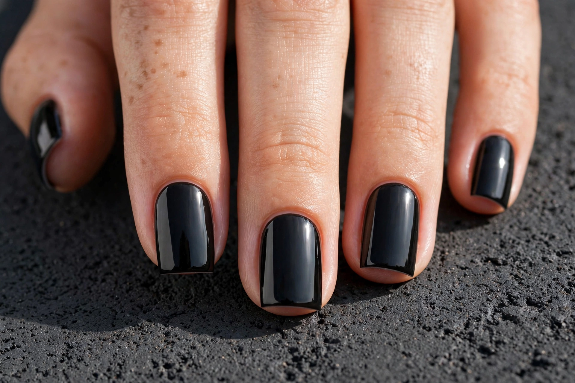 Short square acrylic nails in glossy black with crisp defined corners