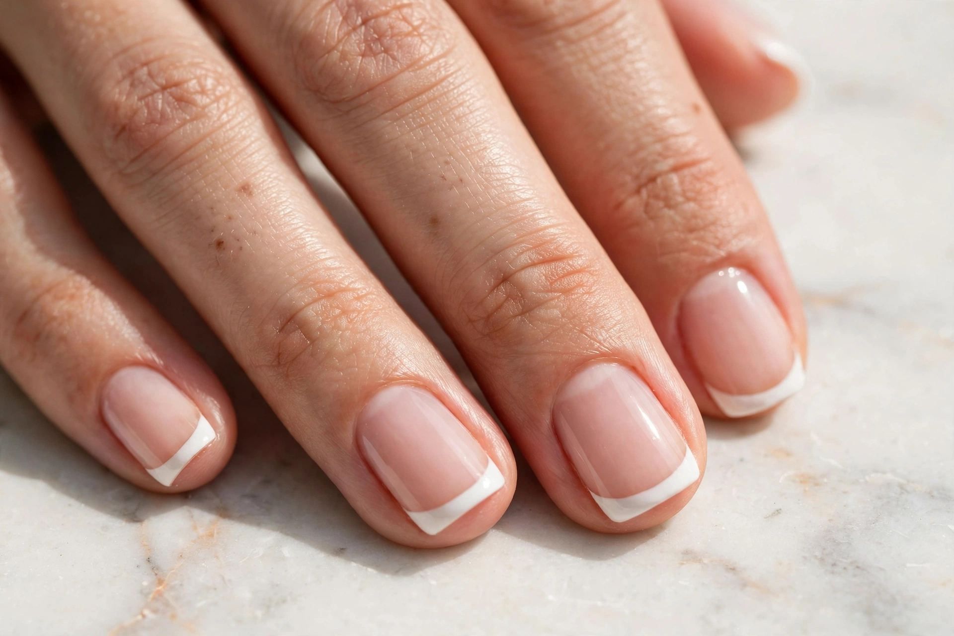 Short acrylic nails with a French tip design scaled to short nails, pink base with white tips