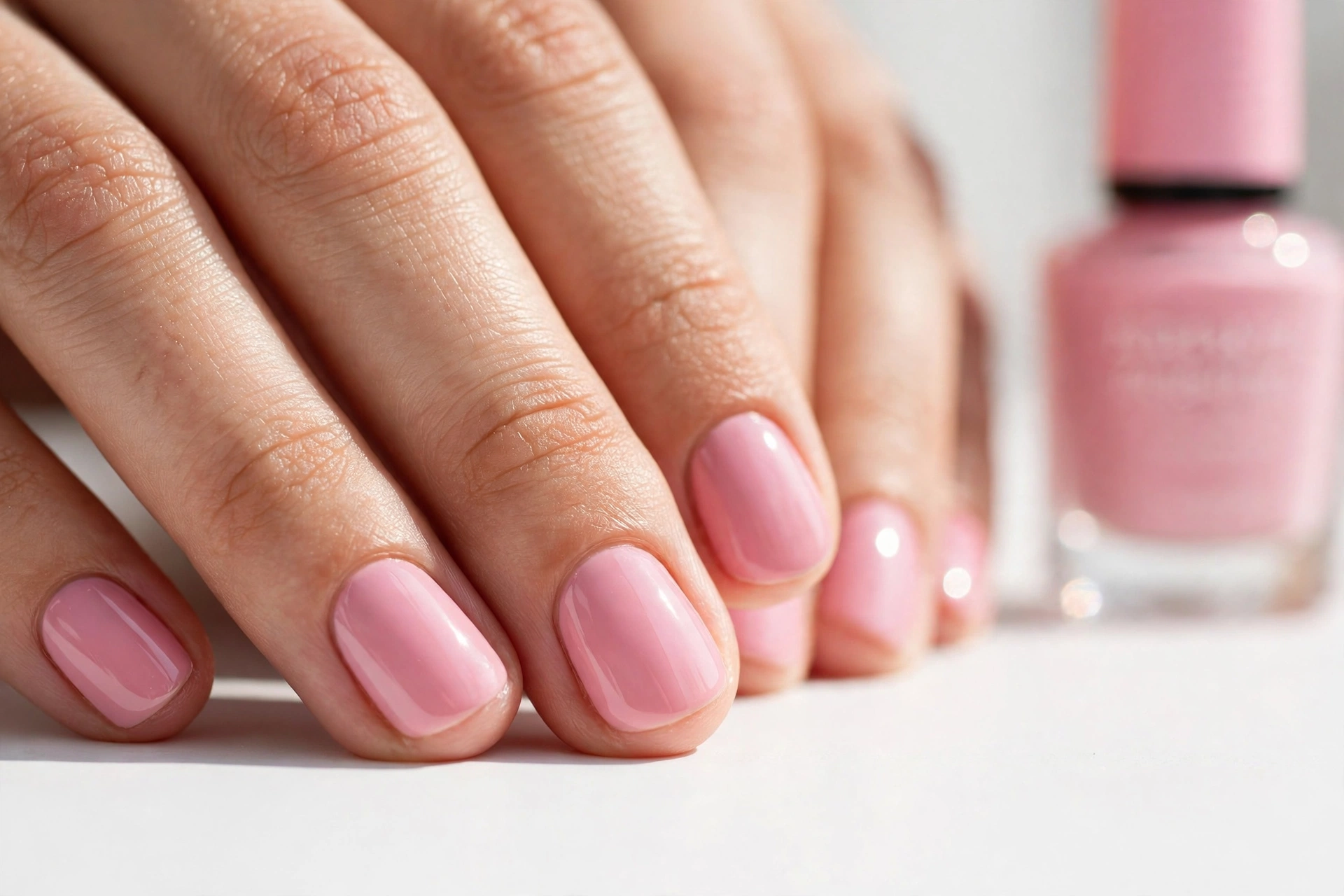 Short round acrylic nails in a glossy soft pink shade following the fingertip curve