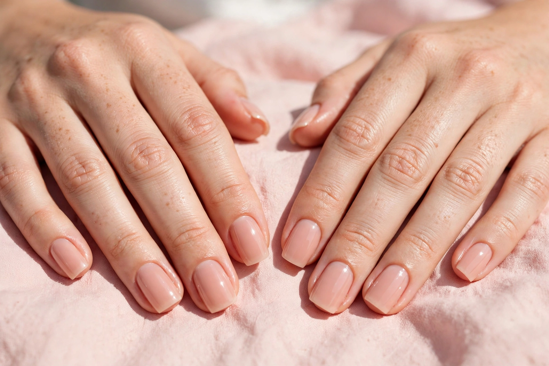 Short squoval acrylic nails in a glossy nude-pink shade at a neat practical length