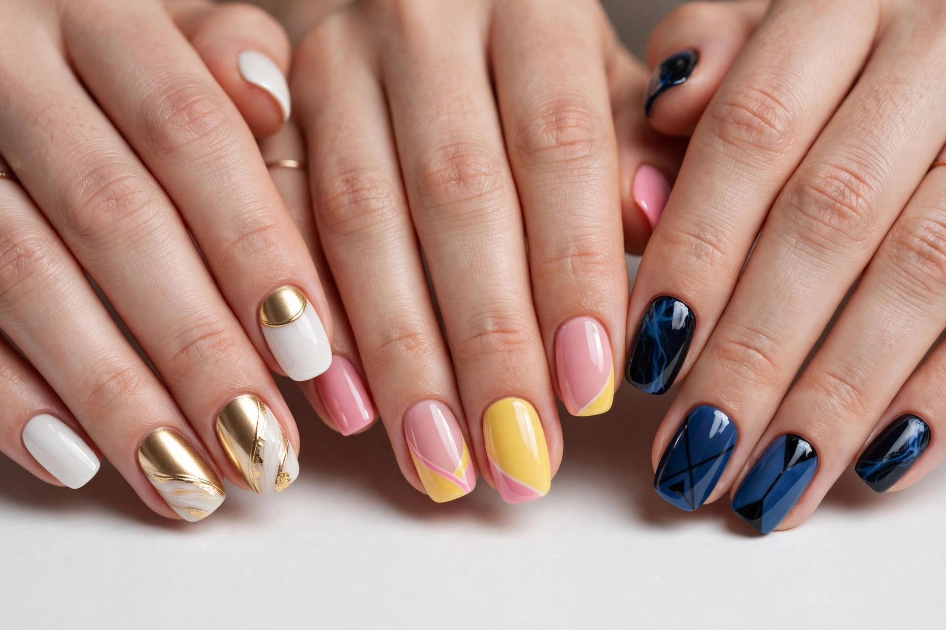 Two-color nail combinations including white and gold nails
