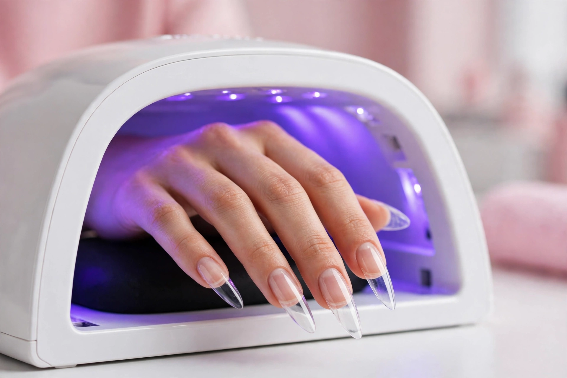Full-cover gel nail tips curing under a UV LED nail lamp